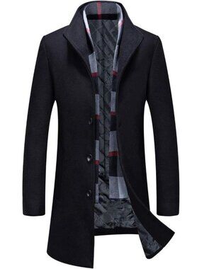 Aptro Men's Wool Trench Coat Winter Business Jacket Overcoat With Scarf- Black